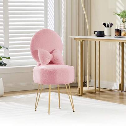 Techigher Vanity Chair With Foldable Backrest & Pillow, Sherpa Fabric Accent Chair, Comfy Dressing Table Chair With Stroage Space & Metal Legs, Cozy Desk Chairs For Makeup Room Bedroom Office, Pink