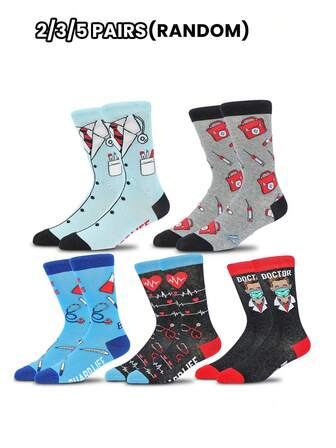 2/3/5 Pairs Random Fashionable Versstile Creative AB Asymmetrical High Top Socks With Cartoon Animal, Tool, And Character Patterns