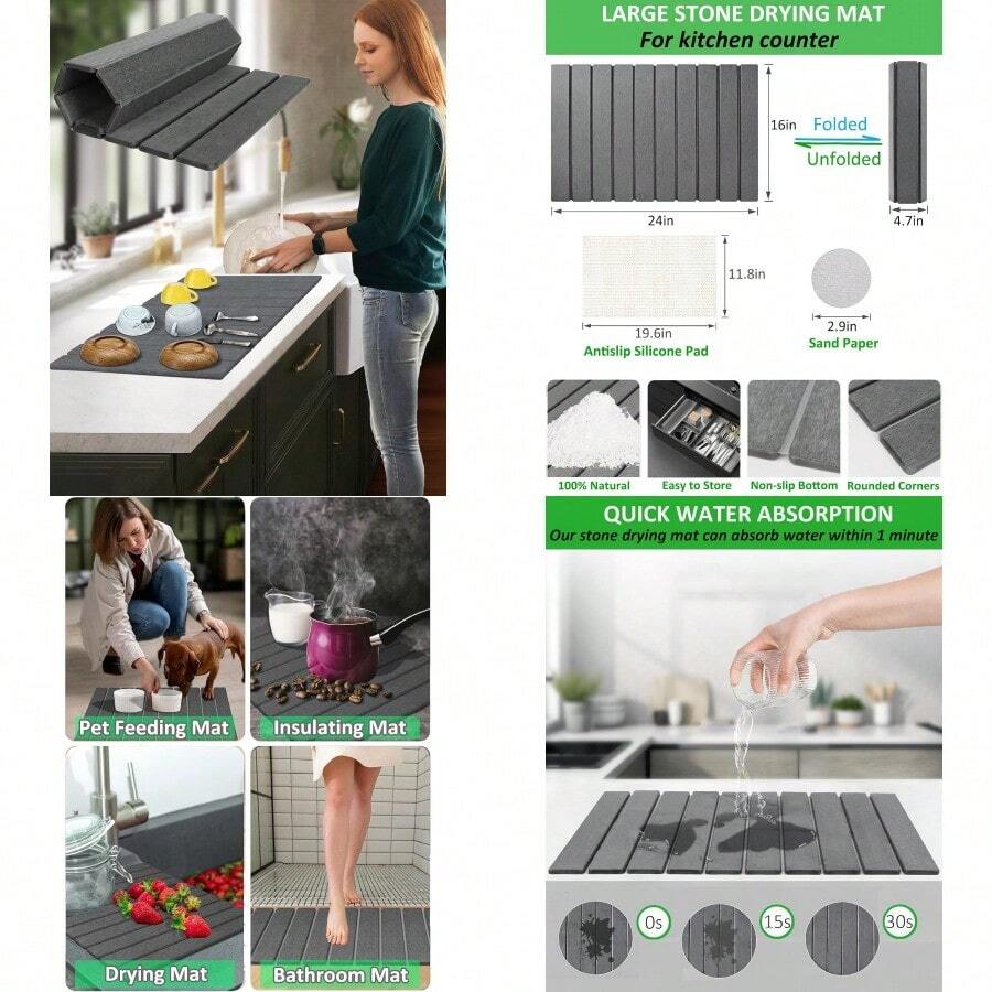 PZW Tapete de secado de platos de piedra grande para encimera de cocina 24 x 16 pulgadas plegable de grado alimenticio superabsorbente con autosecante para platos Gris-oscuro2537 - GrisOscuro - Ver 1