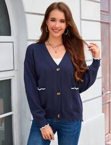 MODISFRAU Strickjacke Damen Kurz Cardigan Langarm Strickpullover Schulterjacke Bolero Top mit Knöpfen und Taschen - marineblau - Übersicht 2