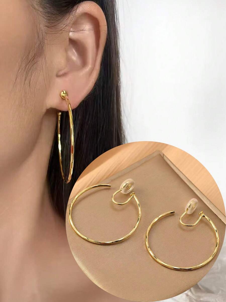 1 Pair Fashionable New Metal Large Hoop Earrings, Copper Earrings For Women, Clip-On Triangular Clamp, High-End Elegant Slimming Earrings Suitable For Women's Daily Wear, Holiday Gifts - Ear Clip - View 1