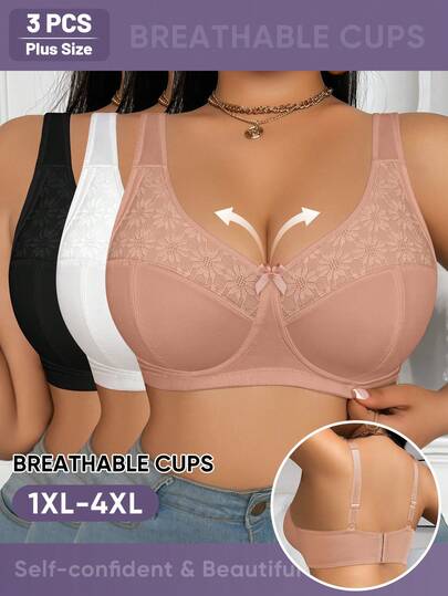 MEIYATING 3件套加大码女士花卉蕾丝拼接纯色柔软舒适日常内衣性感加厚文胸