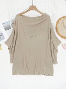 Asymmetrical Knit Batwing Sleeve Regular Length Top For Women - Khaki - View 6
