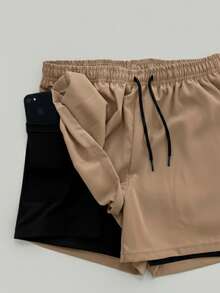 Demolart Modas Dry Fit 2-In-1 Compression Shorts - Men's Sports Bermuda Shorts - Khaki - View 2