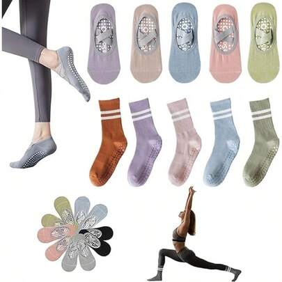10 calcetines de yoga con agarre calcetines de pilates para mujer 5 largos 5 cortos con lunares antideslizantes adecuado para yoga ballet