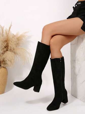 Black Loose Straight Shaft Boots, Side Zipper Design, Suede Classic Knee-High Boots, Chunky Heel Fashion Boots For Autumn/Winter, Slip-On Comfortable Breathable Elegant Versatile Women Knee Boots