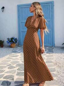 Vestido de manga corta con escote en V y lunares marrones de Solstice Apparel, cintura ceñida con abertura, estilo retro francés, versátil para ir al trabajo, salidas y vacaciones, elegante para primavera/verano - Multicolor - Ver 3