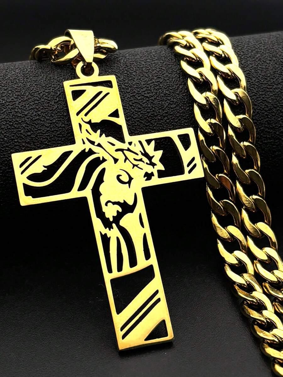 Hip Hop Punk Crown Of Thorns Jesus Cross Necklace For Men Stainless Steel Gold Plated Crucifix Pendant Necklace - Necklace - View 1