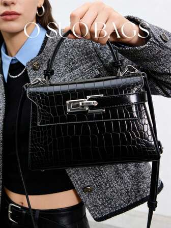 1pc Women's New Fashion Crocodile Embossed Handbag With Shoulder Strap And Metal Decor, Casual Square Tote Bag, Crossbody Messenger Bag Suitable For Commuting, Streetwear, Daily Shopping And Work