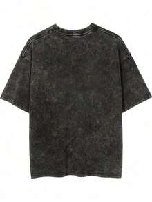 2026 LC Oversized Vintage Black Cotton Shirt With Face Print, Loose Fit,Vintage Washed Cotton Loose-Fit T-Shirt, Cute  Face And Heart Print, Women's Casual Street Style Short-Sleeve Top Fashionable Design Casual Daily WearT-Shirt, Retro-Shirt, Clothing Autumn And Winter,Male And Female Neutral Short Sleeves,Clothes Plus Size,Sweatshirt,Clothes Women,Tops,New Year's Clothing,Womens Tops,Spring,Summer Tops Women,Spring Clothes,Vacation Outfits Women,Valentines Gifts,Summer Outfits - 黑色 - 查看 4