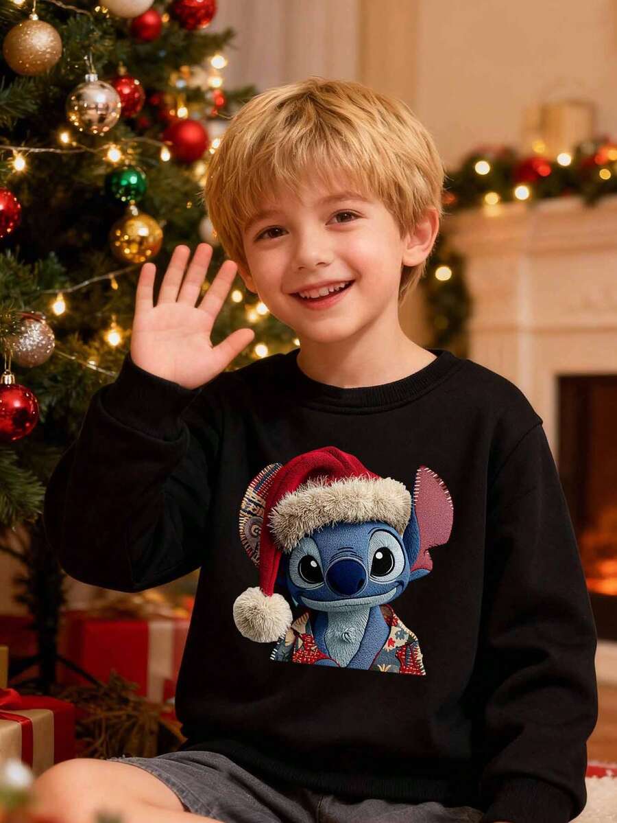 Disney Stitch Christmas-Themed Print, Fall/Winter Children's Crewneck Sweatshirt, Perfect For Boys' Everyday Playwear. Long-Sleeved Top, Ideal As A Christmas Gift. - 黑色 - 查看 1
