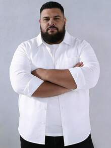 男士加大码长袖衬衫，经典白色单口袋休闲户外衬衫，白领长袖衬衫，秋冬季时尚衬衫式外套 - 白色 - 查看 3