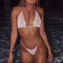 Conunto de agas de er de ntes de imitación para muer ropa inter de bikini de d tanga con cadena parte  de lenteuelas plateado Talla única - como en la foto - Ver 7