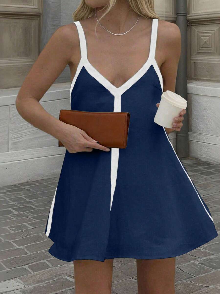 Women's Elegant Sexy V-Neck Camisole Color Blocking Vacation Style Navy Blue Short Dress, Spring/Summer Valentine's Day - Navy Blue - View 1