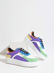 女士彩色拼接厚底运动鞋，白色休闲鞋，粉色运动鞋，适合春秋季穿着 - 紫色 - 查看 9