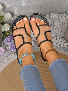 Women's Fashion Casual Netted Woven Pattern Open Toe Flat Slide Sandals, Lightweight Luxurious Style Suitable For Daily Wear And Commuting - Black - View 2