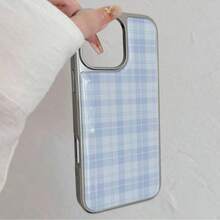 DECOPHONE 1个格子图案韩式时尚树脂电镀银边手机壳，兼容苹果/安卓系统，简约复古经典防水防震防摔防刮花 - 藍色 - 查看 2