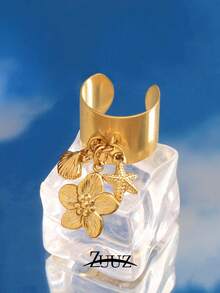 1 件时尚不锈钢塑料圆形珍珠贝壳海星吊坠戒指女士海洋魅力宽开口戒指珠宝礼物适合日常佩戴