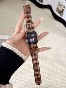 1pc Autumn And Winter Retro Style Bow Checkered PU Leather Watch Strap Compatible With Apple Watch Band Women's 38mm 40mm 41mm 4mm 44mm 45mm 49mm (S10 42)Mm (S10 46)Mm , European & British-Style Women Smartwatch Accessories Watch Strap Compatible With Iwatch Series 11 Ultra 3 SE3 Ultra 2 S10 SE2 9 8 7 SE 6 5 4 3 2 1,Christmas, Thanksgiving, Valentine's Day Gifts. - Chocolate Brown - View 5