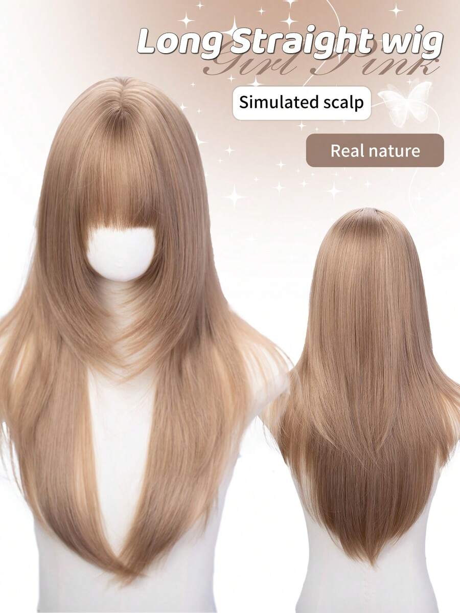 1 Piece Synthetic Heat-Resistant ,Straight Hair Wigs Black ,Made From Fiber, Suitable For Daily Use, Natural And Realistic False Wig - Gold - View 1