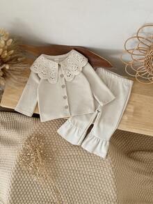 2件套幼儿女童蕾丝边彼得潘领卫衣和打底裤套装，春秋季 - 杏色 - 查看 5
