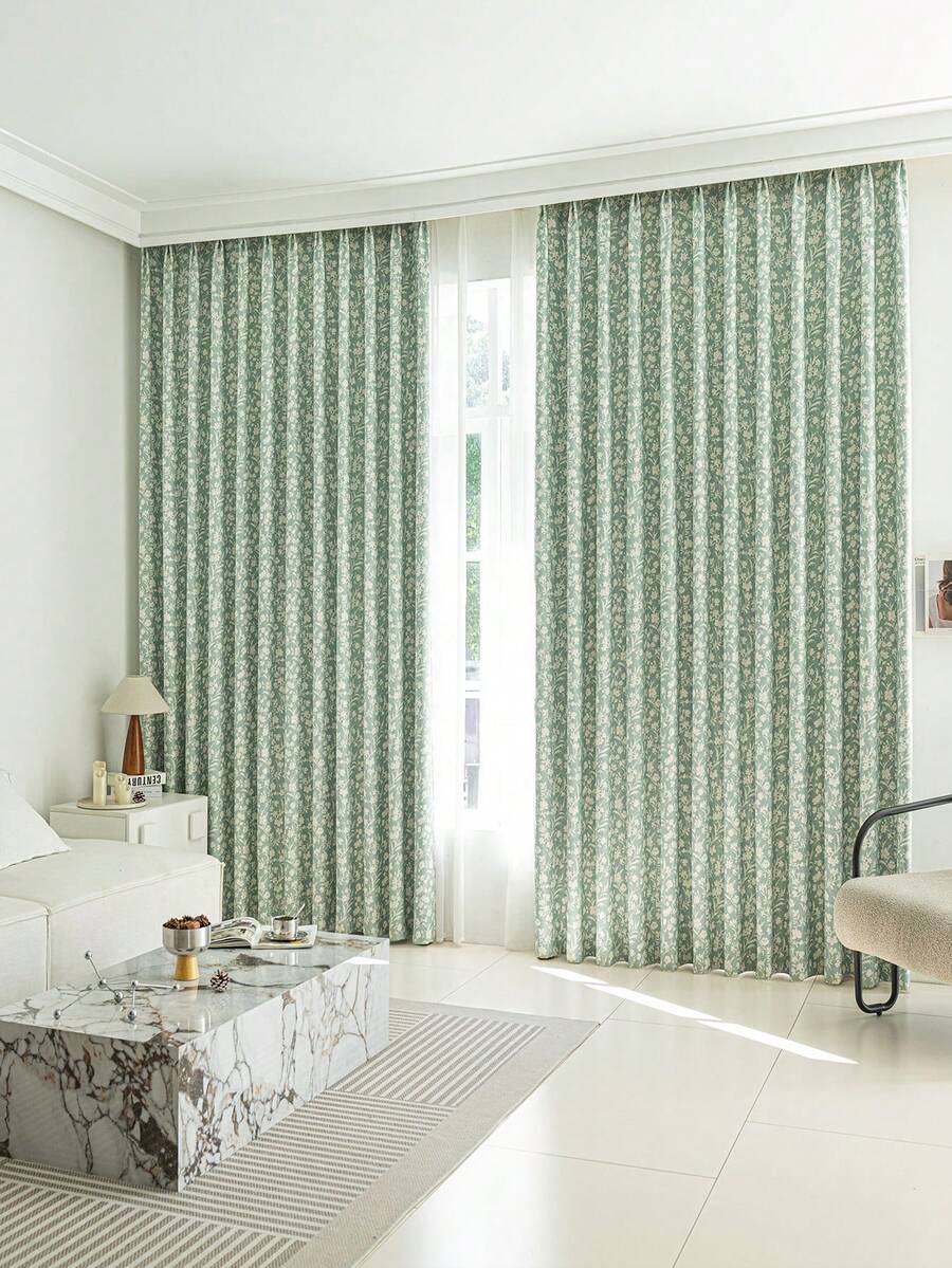 1pc Premium Heavy Blackout Curtain, Lime Flower Pattern On Dark Green Background, Versatile Hanging Options, High-End For Villa, Farmhouse, Balcony, Living Room, Bedroom, 350gsm Densely Woven Thick Fabric - Multicolor - View 1