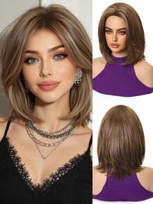 12 Inch Short Straight Wig, Brown With White Highlights And Dark Roots, Suitable For Cosplay And Daily Wear, High Temperature Fiber Synthetic Wig - Brown - View 2