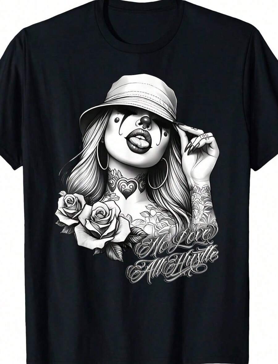 NO LOVE ALL HUSTLE Chicana Payasa Tattoo Chicano Art Chola T-Shirt - 黑色 - 查看 1