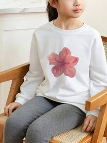 1 件女童休闲印花套头圆领运动衫，学生青年服装，长袖，秋冬 - 白色 - 查看 2