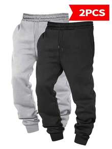 2pcs Men's Drawstring Waist Solid Color Long Sports Pants, Basic Black Fitness Pants - Multicolor - View 8