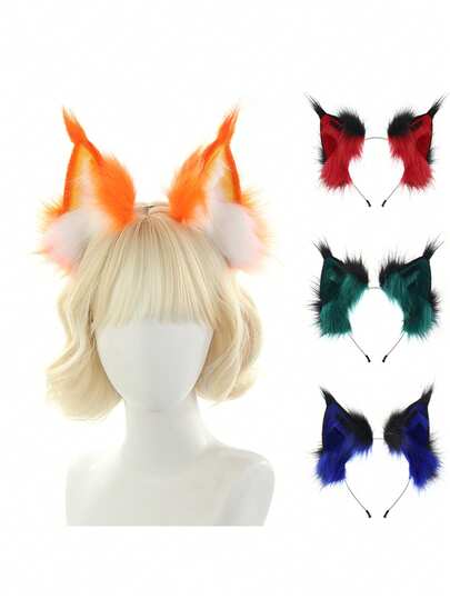 Diadema con orejas de zorro en bloques de color, decoración de tocado hecho a mano esponjoso para cosplay