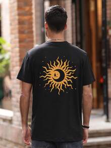 男士夏季太阳和月亮印花圆领短袖休闲T恤 - 黑色 - 查看 2
