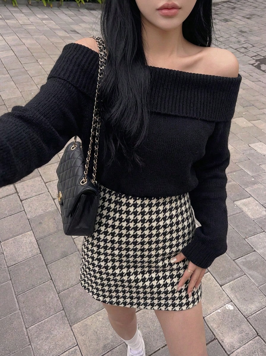Rikumo Chân váy vải tweed họa tiết răng cưa mùa đông - Đen và trắng - Xem 1