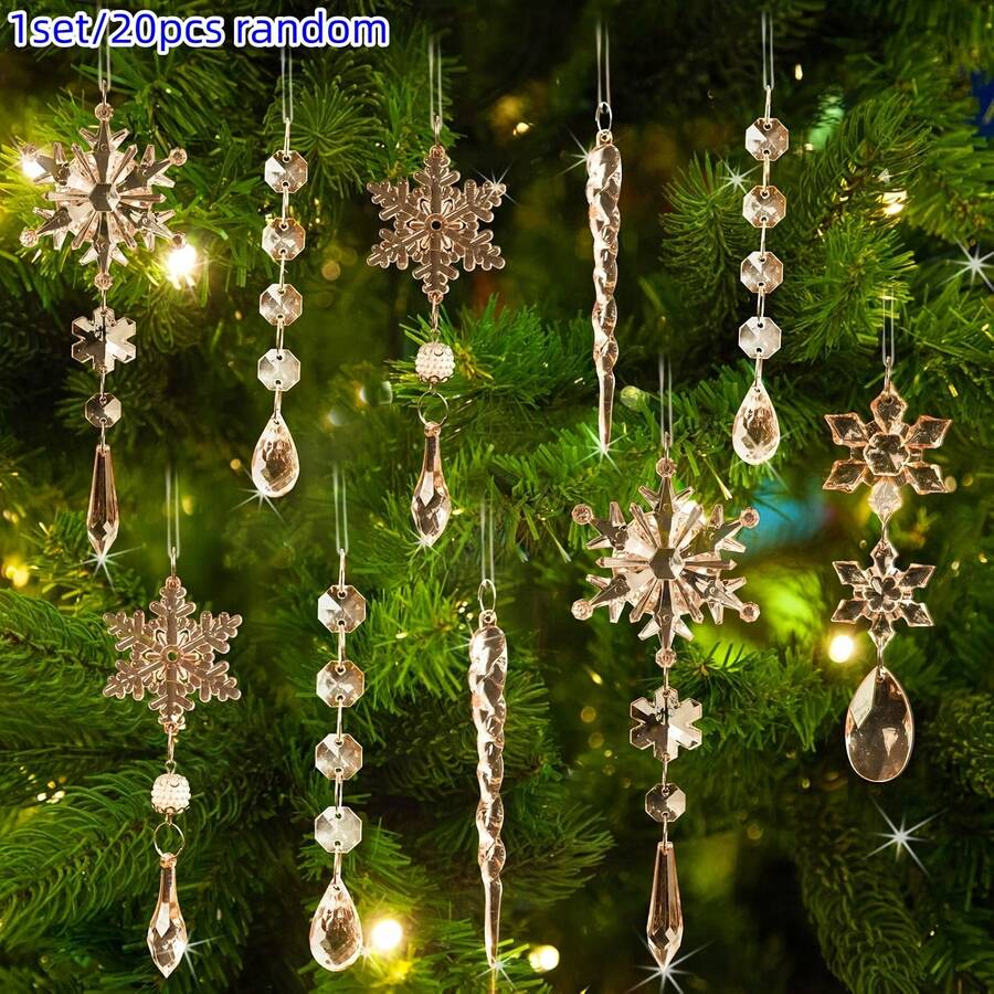 1set/20pcs Christmas Tree Decoration Crystal Ornaments- Champagne Christmas Hanging Acrylic Christmas Snowflake Icicle Drop Crystal Ornaments For Xmas Tree Winter Holiday Home Party Supplies - Multicolor - View 1