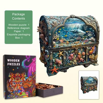 1pc Treasure Chest Ocean Wooden Puzzle, Asymmetrical Animal Shaped Wooden Jigsaw Puzzle Toy, Unique Party Game Gift, Decorative Art Painting, Tabletop Magic Puzzle, Creative Children's Educational Puzzle, Holiday Gift, Adult Wooden Puzzle, Back To School Gift, New Year Gift, Birthday Gift (2D Puzzle)