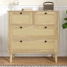 Chest Of Drawers With Four Drawers, Rattan Drawers, Storage Cabinet, Solid Wood Legs. - Natural Color - View 3