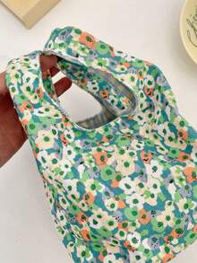 1 pieza Bolsa de almuerzo con flores lindas, bolso de hombro tipo tote para damas, bolso de compras con estampado floral dulce para mujer, bolso de almuerzo de dibujos animados casual y portátil, bolso de mano pequeño para damas, bolso de comida, bolso de viaje y picnic