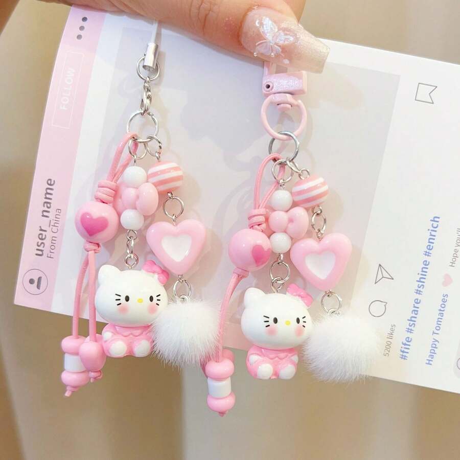 1个手工可爱卡通猫咪钥匙扣，串珠编织包饰，心形手机挂绳，包包吊坠，ins风钥匙圈 - 汽车钥匙链，可爱装饰品，派对礼物，精致礼物，迷你摆件，生日礼物，节日礼物，圣诞节，复活节，愚人节，万圣节 - 彩色 - 查看 1