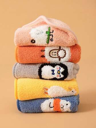 5pcs Cartoon Kids Towel Set - Soft Embroidered Bath Towel, Baby Bib & Highly Absorbent Handkerchiefs, Children's Essential Bath & Daily Kit