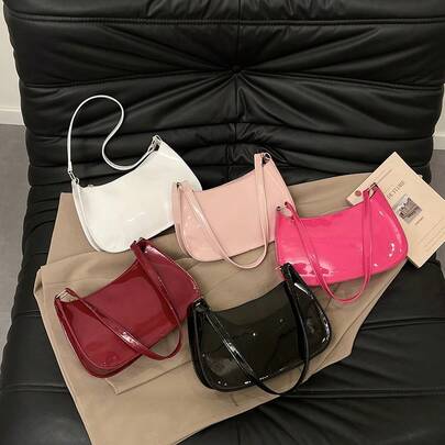 Women's Glossy Baguette Shoulder Bag - Retro Minimalist Underarm Purse With Sleek Design, Korean-Style Fashion Handbag. Versatile Small Tote For Valentine's Day/Daily Outings/Parties/Casual Wear. Ideal Gift For Her.