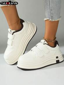 2026 New Women's Double-Buckle Hook And Loop Platform White Sneakers Height Boosting Slim-Leg All-Season Casual Commute Shoes - Beige Brown - View 1