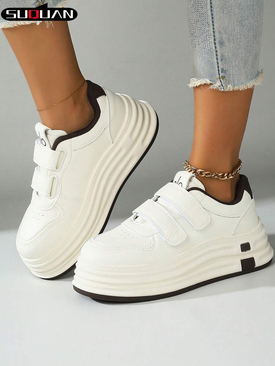 2026 New Women's Double-Buckle Hook And Loop Platform White Sneakers Height Boosting Slim-Leg All-Season Casual Commute Shoes - Beige Brown - View 1