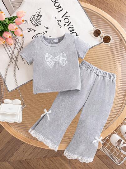 2pcs/Set Baby Girls Cute Bow Decor Print Round Neck Short Sleeve T-Shirt + Casual Bow 3D Embellishment Pants, Suitable For Spring/Autumn