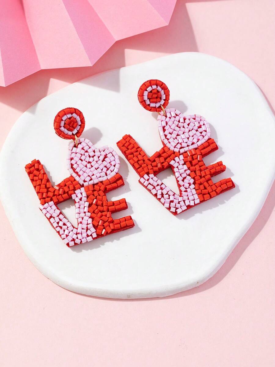 1 Đôi bông tai đính hạt kiểu Boho hình chữ LOVE dành cho Ngày Valentine - Đỏ - Xem 1