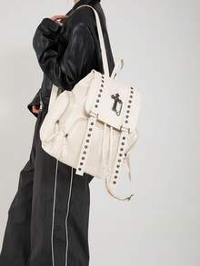 Dedoo 复古铆钉双肩包，复古朋克风旅行包，哥特学院风女士双肩包 - 白色 - 查看 5