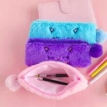 1pcs  Girly Furry Kitten Pencil Bag, Cute Soft Pencil Storage Box, Creative Stationery Gifts For Students, Multi-Functional Storage Bag - 彩色 - 查看 3
