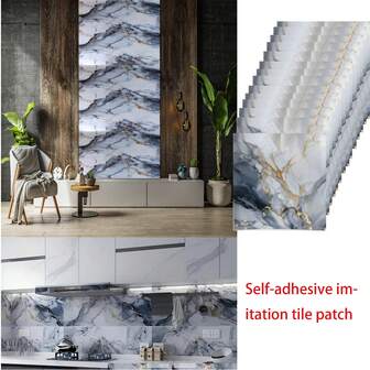 50 st. konstgjorda keramiska plattor och marmor kontaktpapper, används för heminredning, rumsdekoration, kök, vardagsrum, sovrum, fukttäta, vattentäta självhäftande väggklistermärken för aluminium-plastpaneler 3D tredimensionell blå förgylld marmormönstrad imiterad keramisk plattor väggklistermärke