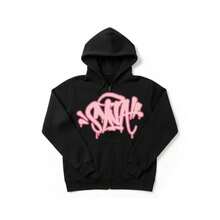 Black Zip-Up Hoodie With Streetwear Print, Unisex - 黑色和粉紅色 - 查看 1