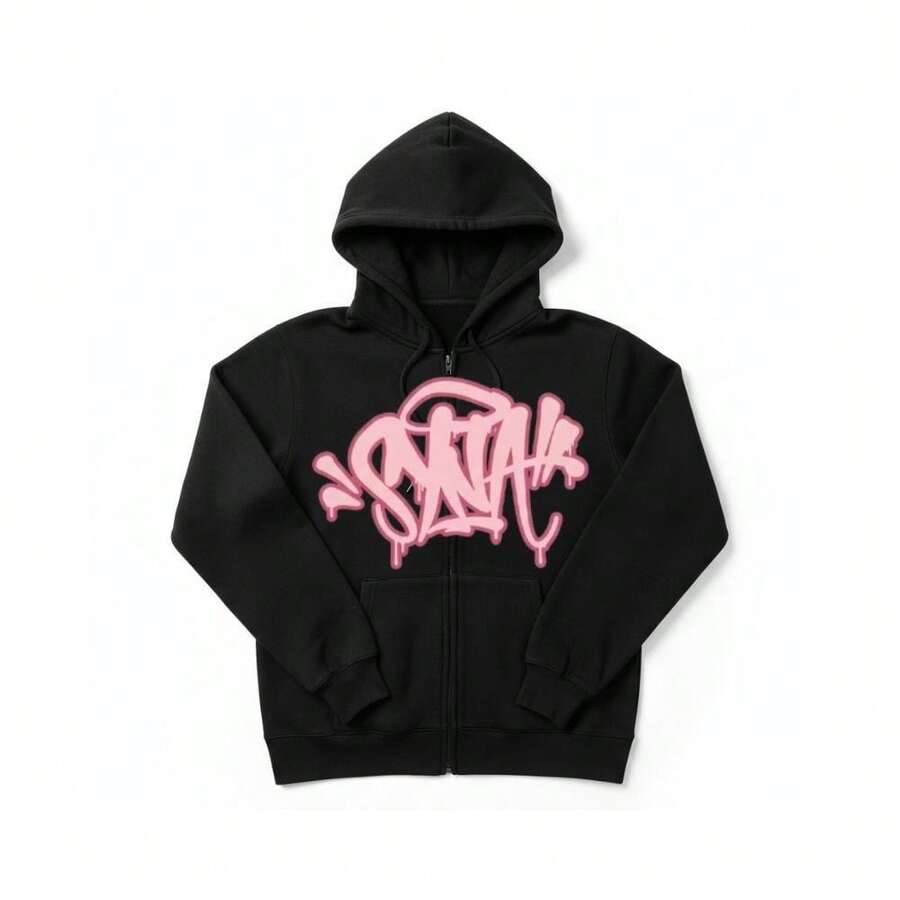 Black Zip-Up Hoodie With Streetwear Print, Unisex - 黑色和粉紅色 - 查看 1