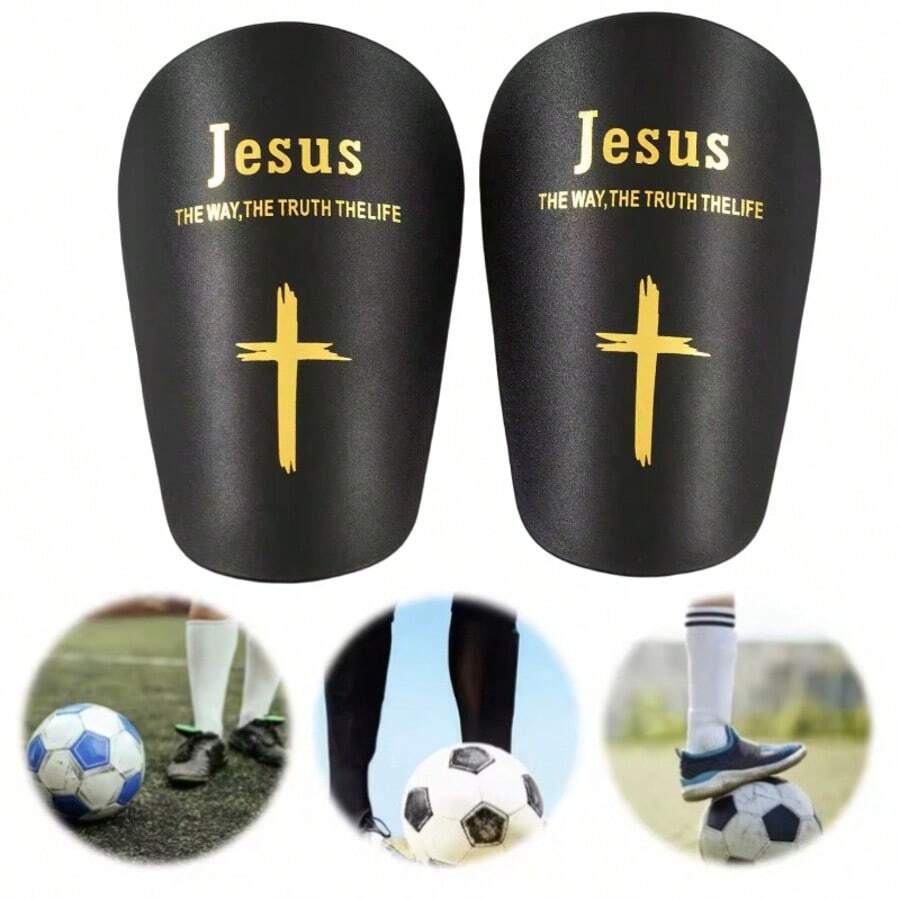 1 Pair Mini Soccer Shin Guards, Gold Cross Pattern, Unisex Thickened Sports Protective Gear, Durable Anti-Collision, Fitted Calf Design, Suitable For All Seasons - Golden Cross - View 1